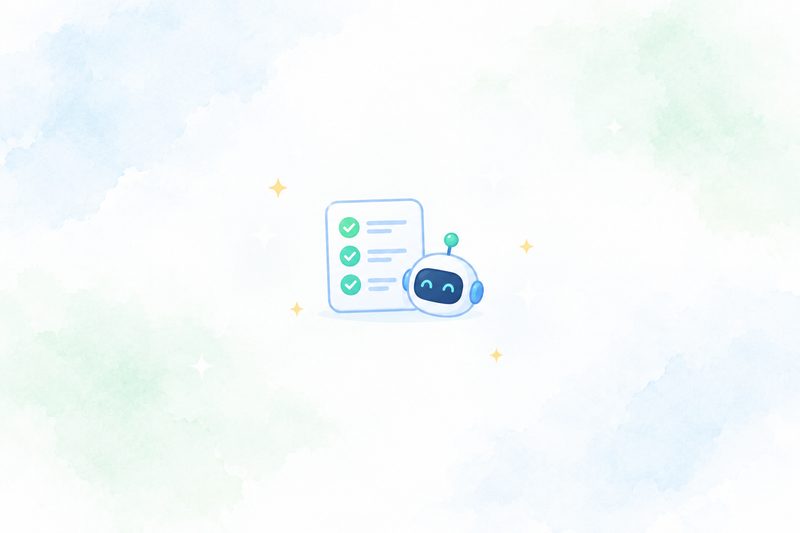 A checklist with three ticked items and a small robot on a pale blue and green watercolour background