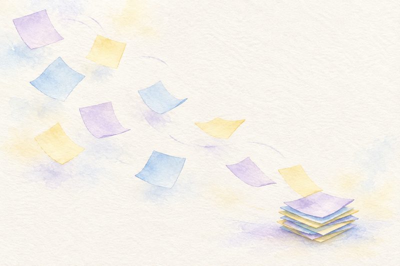 A loose scatter of paper notes drifting back together into a small pile, in a pastel lilac, blue and yellow watercolour with no text, logos or people