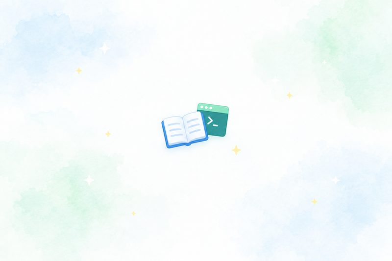 An open notebook and a small terminal window on a pale blue and green watercolour background
