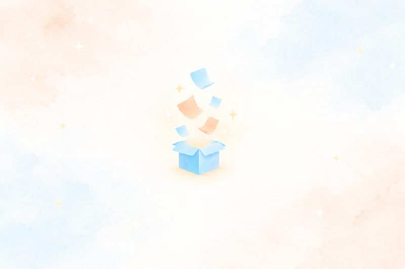 A small open box with a soft glow and a few notes floating back out of it, on a pale peach and blue watercolour background