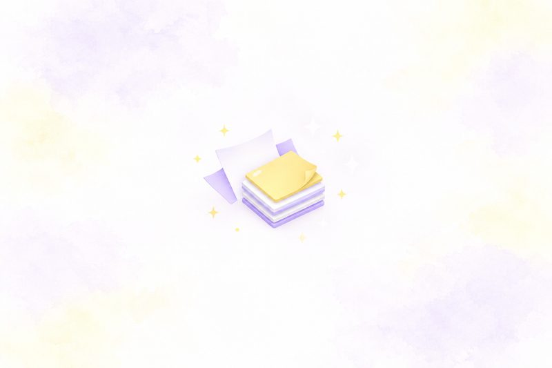 Scattered paper notes gathering into one tidy stack, on a soft lilac and yellow watercolour background