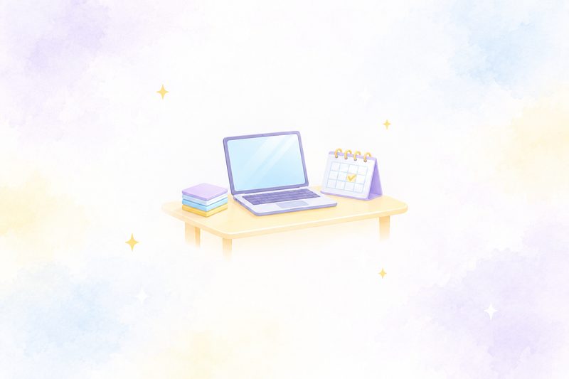 A laptop on a tidy desk with a short stack of cards and a calendar with one day ticked