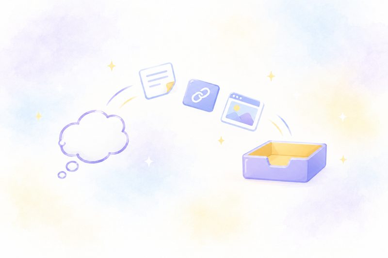 Cards for a note, a link and a screenshot floating out of a thought bubble and landing in an open tray