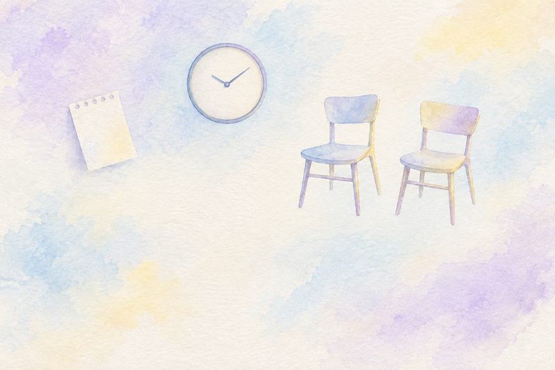 A small list, a round clock face and two empty chairs floating side by side on a pastel lilac, blue and yellow watercolour background