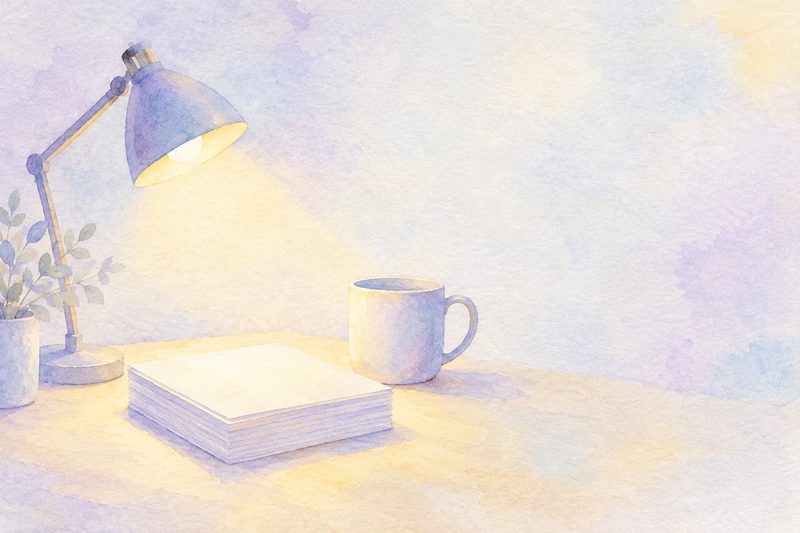 A desk lamp lighting a neat stack of paper notes beside a mug, painted in soft lilac, blue and yellow watercolour